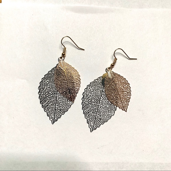 Tree Leaf Two Tone Silver Gold Drop Earrings new - Picture 3 of 7
